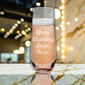 Personalized Logo Stemless Champagne Glass Favors- Custom Engraved Glasses, Bulk Wedding Favors, Bridal Shower Favor, Mimosa Flute, Prosecco