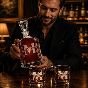 May include: A crystal whiskey decanter and two matching glasses with the name "MARKOS" etched in white. The decanter is being poured into a glass. The glasses and decanter are filled with amber liquid. The scene is set in a dimly lit bar.