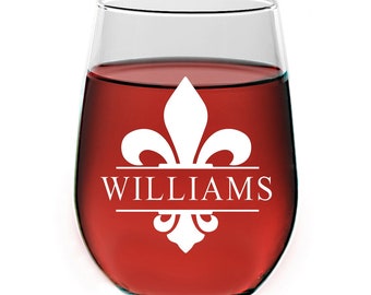 Personalized Fleur De Lis Monogram Stemless Wine Glass, Engraved Wine Glass, Monogram Wine glass,Wine glass Bridesmaid Gift,Groomsman Wine