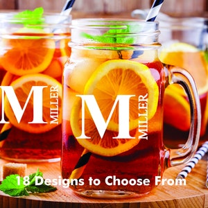 Monogram Mason Jar Glass with handle , Personalized 2 pc Set Mason Jar Drinking Glass Gift, Bridal Shower Mason Jar gift, Custom Mason Jar