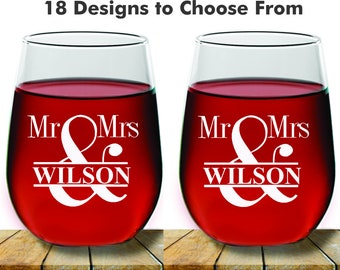 Wedding Gift Wine Glass Mr and Mrs Wedding Couples Stemless Wine Glass Gift, 2 pc Set Wine Glass, Toasting Wine glass, Wedding Wine Glass