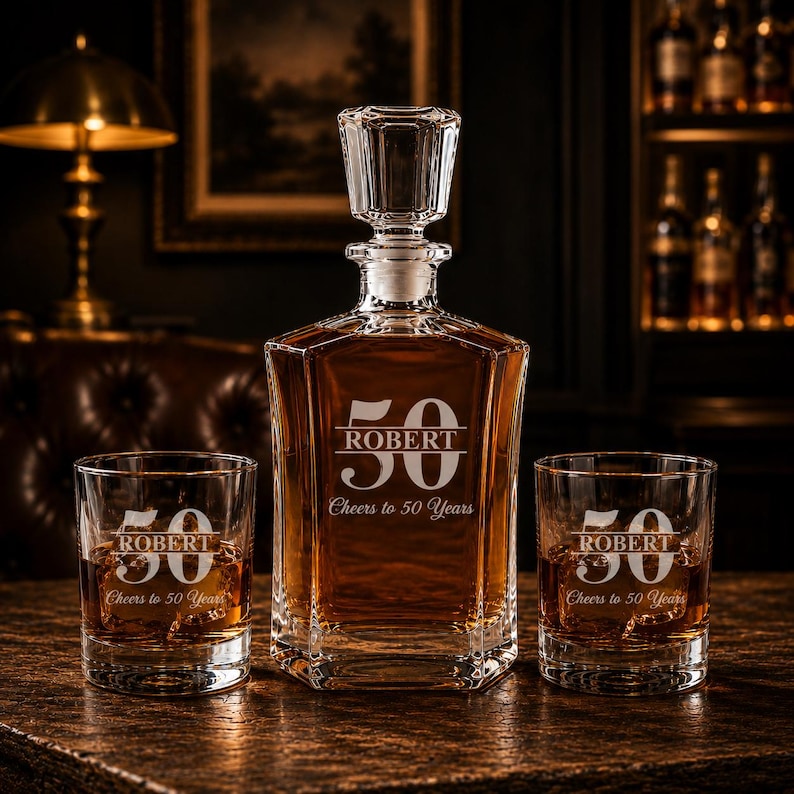 May include: A personalized whiskey decanter set with two matching glasses. The decanter and glasses are engraved with the name "ROBERT" and the number "50", along with the phrase "Cheers to 50 Years". The set is filled with amber-colored liquid.