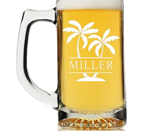 Personalized Palm Tree Beer Mug Glass, Split Monogram Beer glass, Personalized Beer Glass Gift, Engraved Beer Mugs,Groomsman Gifts,Beer Gift