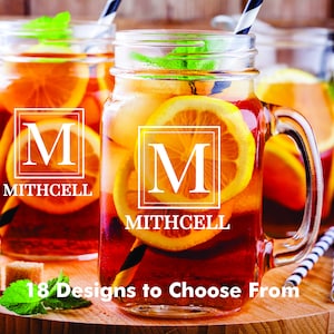 Custom Monogram Mason Jar Glass with handle , Personalized 2 pc Set Mason Jar Drinking Glass Gift, Bridal Mason Jar gift, Custom Mason Jar