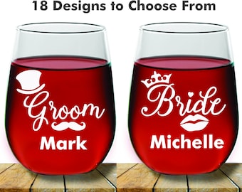 Personalized Bride and Groom Wedding Couples Stemless Wine Glass Gift, 2 pc Set Wine Glass, Monogram Wine glass, Wedding Wine Glass, Favors