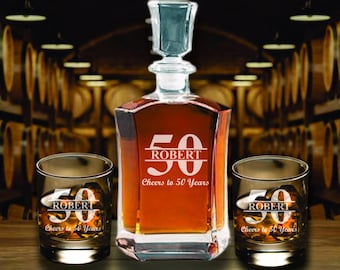 Cheers to 50 Years Birthday Glass Whiskey Decanter - Aged to Perfection - Bourbon Glass - Gift for Man - Dad Custom 50th Milestone Birthday