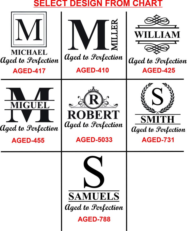 May include: A chart displaying various monogram designs for personalization. Each design features a large initial, a name, and the phrase "Aged to Perfection" in a decorative font. The designs are labeled with unique codes.