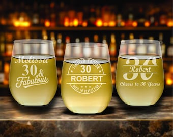 30th Birthday Stemless Wine Glass Party Favors – Personalized Aged to Perfection Wine Glasses – Custom Engraved Glass- 12 pc Set