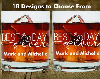 Best Day Ever Wedding Whiskey Glass, Wedding Gift for Couples, 2 pc Set Whiskey Glass, Bourbon Gift glass, Wedding Couples Scotch Glass