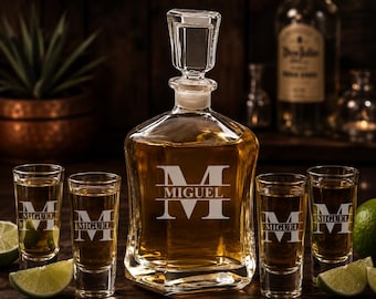 Custom Engraved Tequila Decanter Set, Tequila Shot Glasses, Personalized Tequila Shooter Glass, Father Chirstmas Gift, Glass Gift for Men