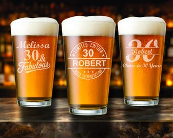 30th Birthday Beer Glass Favors – Personalized Pint Glass – Aged to Perfection Party Favor – Dirty Thirty Gift – Custom Engraved Glasses