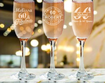 Personalized 60th Birthday Champagne Glass Favors – Custom Engraved Party Favor - Champagne Flutes for 60th Birthday- 12 pc Set