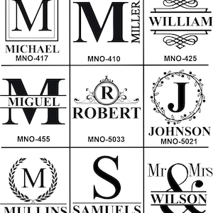 May include: A chart displaying various monogram designs in black and white. Designs include initials, names, and family names, such as "Michael," "William," and "Johnson." Each design is labeled with a unique code.
