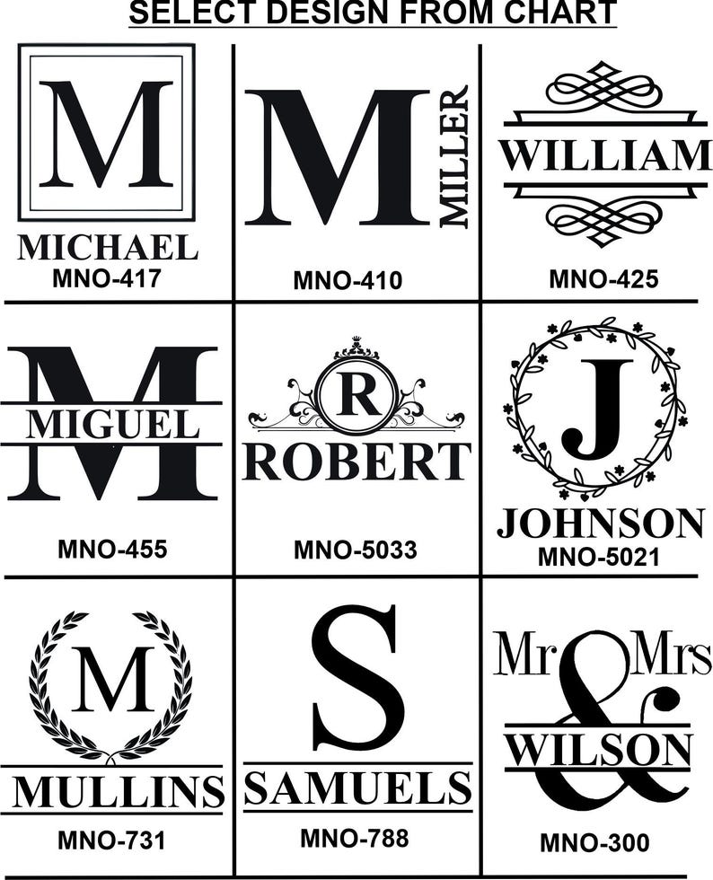 May include: A chart displaying various monogram designs in black and white. Designs include initials, names, and family names, such as "Michael," "William," and "Johnson." Each design is labeled with a unique code.