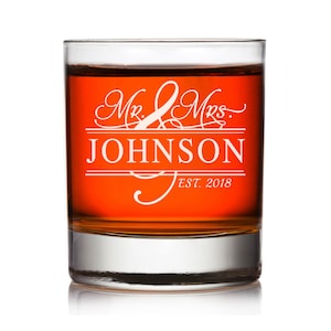 Personalized Mr. and Mrs. Rocks Glass, Engraved Monogram Rocks Glass Gift , Custom Wedding Gift, Engraved Bride and Groom Whiskey Glass,