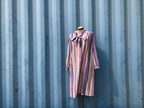 PLUS SIZE- 1970’s stripe pastel pussybow dress