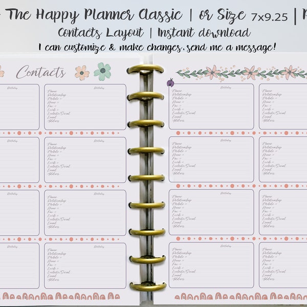 Planner Printables | Contacts Editable Inserts | For The Happy Planner Classic | Pastel Floral | Addresses | Printable Planner Pages