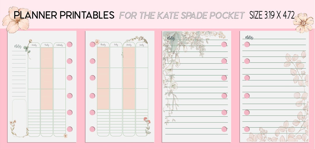 Kate Spade Pocket, Planner Printables, Weekly Inserts, Note Refill