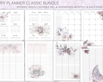 2022 Happy Planner Classic Bundle, Editable Floral Design, Planner Printables, Weekly, Monthly, Bills, Passwords, Calendar Layout, Inserts
