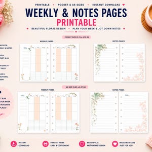 Pode incluir: Páginas semanais e de notas imprimíveis com um belo design floral. As páginas vêm nos tamanhos de bolso e A5. O layout inclui páginas semanais e de notas. O design é limpo e funcional.