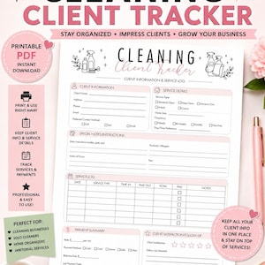 Op de afbeelding: Een afdrukbare PDF-reinigingsklanttracker met een roze en wit ontwerp. Het document bevat secties voor klantinformatie, servicegegevens, een servicelogboek en een betalingsoverzicht. Tekst bevat "Blijf georganiseerd, maak indruk op klanten, laat uw bedrijf groeien."