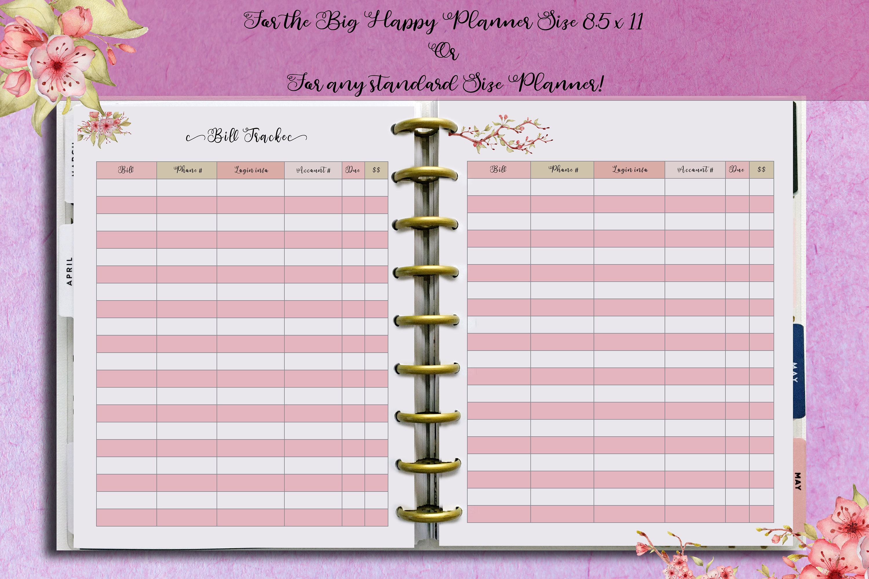 Planner Printables BILL TRACKER Inserts for the BIG Happy Planner or 8.5 X 11 Blossom Instant ...