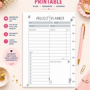 May include: A printable project planner page with the text "Project Planner Page Printable". The design includes sections for tasks, descriptions, and supplies. The page is designed for HP Classic size and is an instant download.