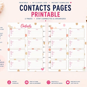 Peut inclure: Pages de contacts imprimables avec un design à pois roses et dorés. Les pages sont conçues pour le format HP Classic et comprennent de l'espace pour le nom, la relation, l'anniversaire, le numéro de téléphone, l'adresse et les notes. Le texte indique "Contacts".