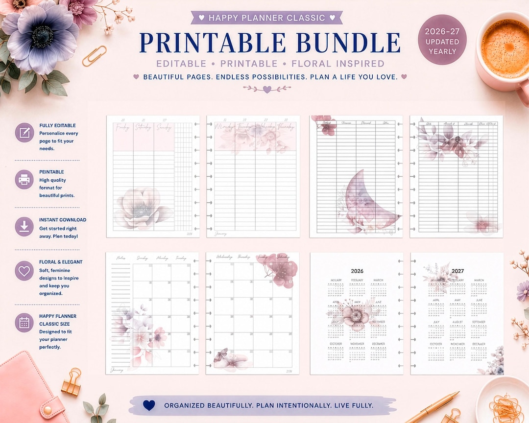 Happy Planner Classic Printable Bundle: Floral Daily, Weekly, Monthly ...