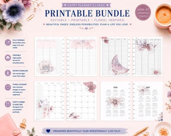 May include: A printable planner bundle with floral designs. The pages include weekly and monthly layouts, calendars for 2026 and 2027, and the text "Printable Bundle". The design is soft and feminine, with a pink and purple color scheme.