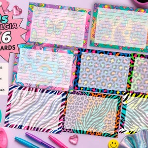 May include: A set of eight 4x6 inch note cards with a 90s nostalgia theme. Each card features a unique design with lined paper, including butterfly, unicorn, and animal print patterns. The cards are colorful and vibrant.