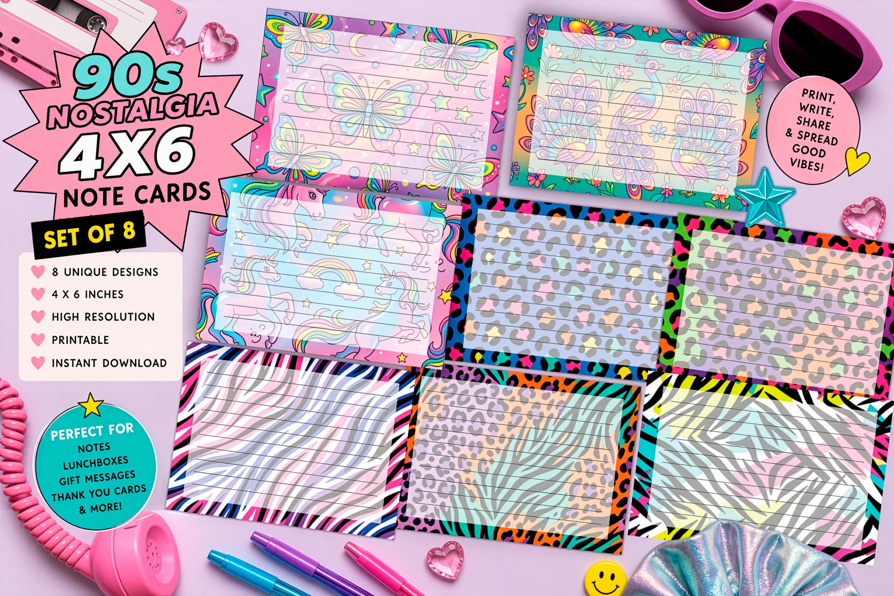 90s Nostalgia 4x6 Note Cards Printable | Colorful Retro Animal Print ...