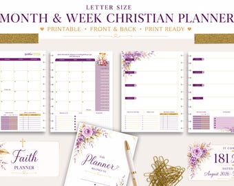 May include: A letter size Christian planner set featuring month and week layouts with purple floral accents, gold text, and religious symbols. The pages include calendars, to-do lists, and prayer trackers, with a cover page stating This Planner Belongs To.