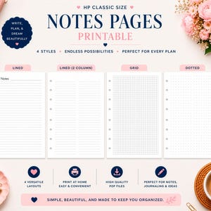 Puede incluir: Páginas de notas imprimibles de tamaño HP Classic en cuatro estilos: rayado, rayado (2 columnas), cuadriculado y punteado. La imagen incluye el texto "Escribe, planifica y sueña hermosamente" y "Simple, hermoso y hecho para mantenerte organizado".