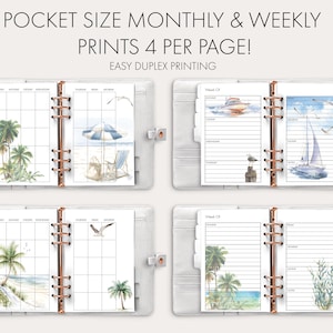 May include: A pocket-sized planner with monthly and weekly layouts. The pages feature watercolor illustrations of beach scenes, including palm trees, sailboats, and beach umbrellas. The planner is designed for easy duplex printing.