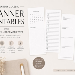 May include: HP Skinny Classic planner printables dated June 2026 to December 2027, featuring weekly layouts, monthly calendars, and monthly lines. The pages measure 3.74 x 9.25 inches. The text includes HP Skinny Classic Planner Printables.