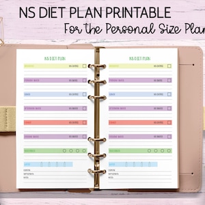 May include: A printable NS Diet Plan for personal size planners. The pages are open, showing colorful sections for meals and snacks. The planner is inside a light pink leather binder, with a gold pen and decorative items in the background.