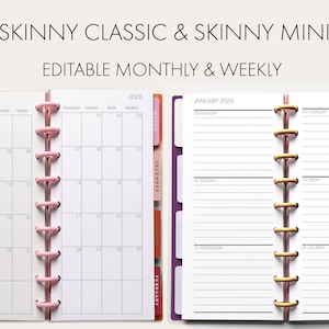 Könnte beinhalten: Geöffneter Planer mit monatlichen und wöchentlichen Layouts. Die linke Seite zeigt einen Monatskalender für Januar 2026, während die rechte Seite ein Wochenlayout anzeigt. Der Planer trägt die Aufschrift "Skinny Classic & Skinny Mini" und "Editable Monthly & Weekly".