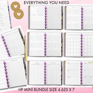 May include: A selection of open planners with purple binding, featuring various layouts such as weekly and monthly calendars. The text "EVERYTHING YOU NEED" and "HP MINI BUNDLE SIZE 4.625 X 7" are displayed. Gold accents and heart-shaped embellishments are also present.
