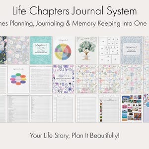May include: A collection of journal pages with floral and abstract designs. The text "Life Chapters Journal System" and "Combines Planning, Journaling & Memory Keeping Into One Planner" are displayed. The phrase "Your Life Story, Plan It Beautifully!" is also visible.