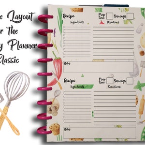 Planner printables for The HAPPY PLANNER Classic RECIPE Inserts Instant Downloadable Planner Pages