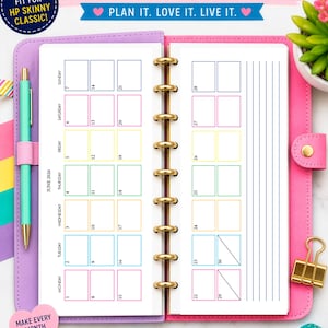 May include: A pink and purple disc-bound planner open to a June 2026 monthly calendar page. The planner features colorful grid boxes for dates, a mint green pen, and text reading HP SKINNY CLASSIC MONTHLY FILLABLE INSERTS. PLAN IT. LOVE IT. LIVE IT.