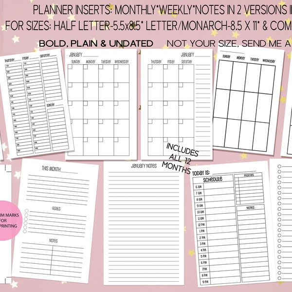 Planner printables, Monthly, Weekly, Schedule, Notes, for the Franklin Covey or Half letter size, Monarch letter size, & Compact Size