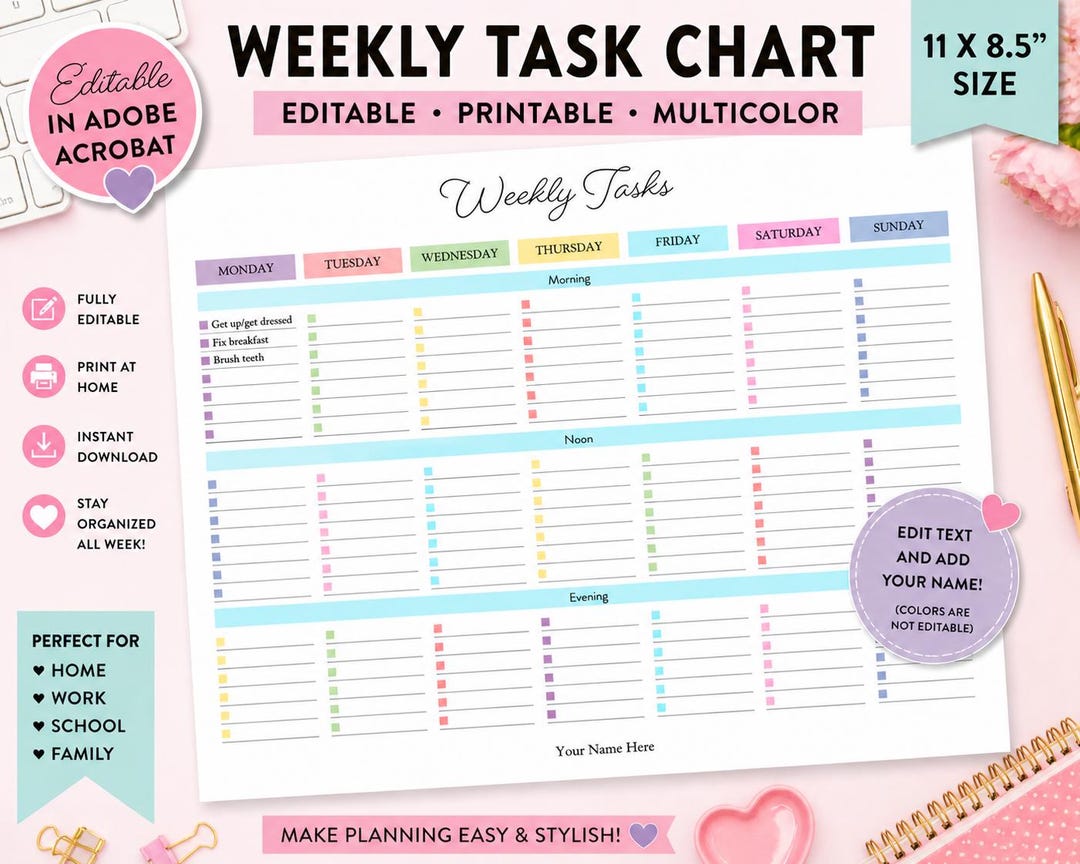 Editable Weekly Task Chart | Kids Family Routine Planner (digital ...
