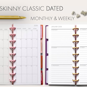 May include: Open planner with monthly and weekly layouts for 2026. The left page shows a monthly calendar, while the right page displays a weekly schedule. The planner is held together by pink and gold rings. A gold pen rests above the planner.