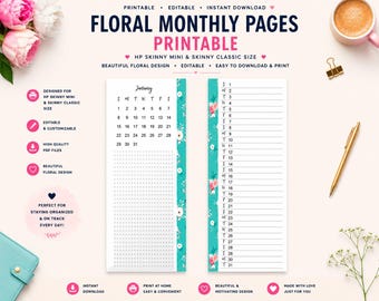 Happy Planner Skinny Monthly Printable, Editable with Floral Border