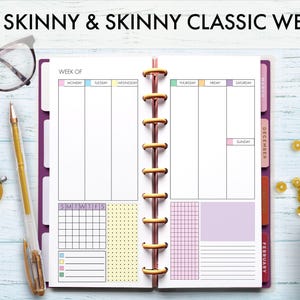 May include: Open planner with a weekly layout, featuring sections for each day of the week, a habit tracker, and a notes section. The planner is open to a spread with colorful tabs and the text "HP SKINNY & SKINNY CLASSIC WEEK". A gold pen, glasses, and a gold alarm clock are on the side.