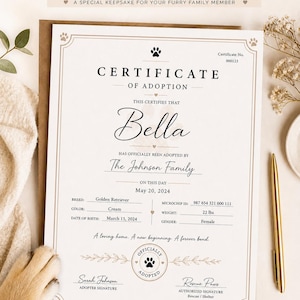 May include: A pet adoption certificate with the text "Certificate of Adoption" and the name "Bella". The certificate includes details like breed, color, weight (22 lbs), and date of birth. It is 8.5" x 11".