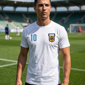 Puede incluir: Una camiseta blanca de manga corta con el número 10 en azul claro en el pecho derecho y un emblema en forma de escudo en el pecho izquierdo. El emblema muestra una barra horizontal de rayas azul claro y blanco sobre las letras AFA en color dorado.
