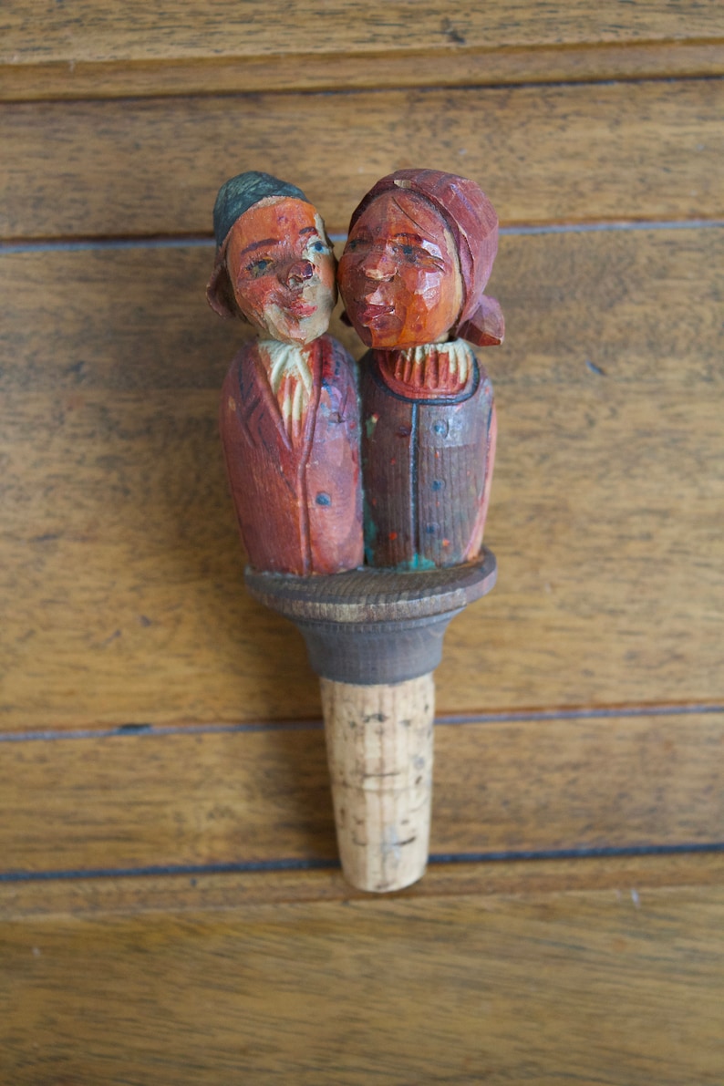 Kissing Couple Hand Carved and Painted Wooden Mechanical Cork Bottle Stopper